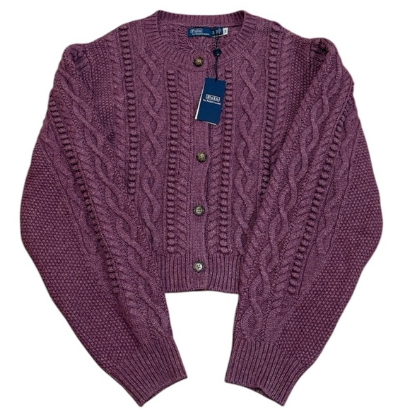 New Polo Ralph Lauren Cable Bubble Knit Cardigan XL Purple Wool Alpaca Fisherman - Picture 10 of 11